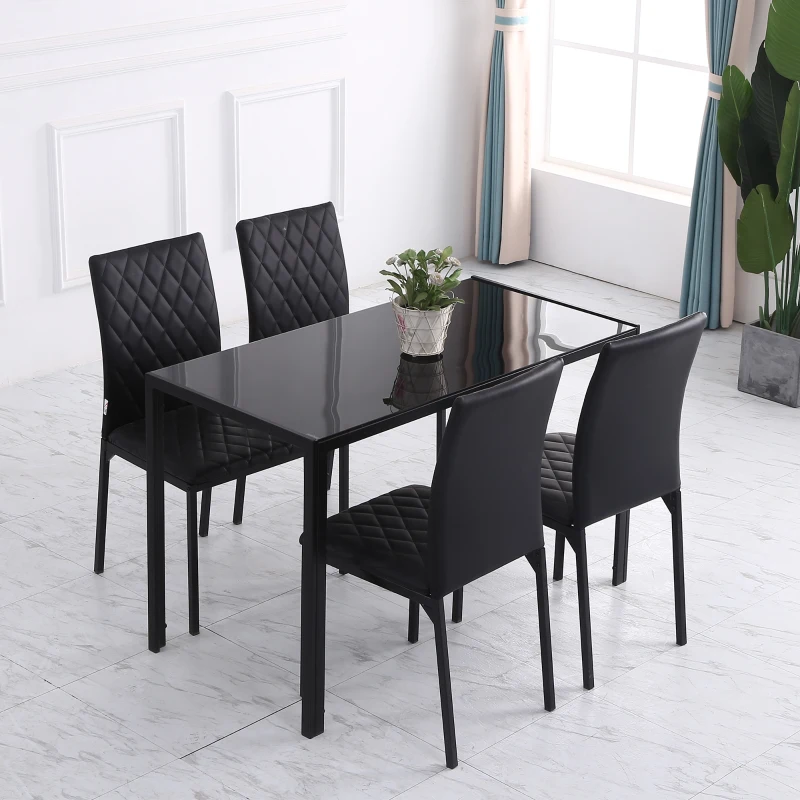 HOMCOM Set de 4 Scaune din Piele Ecologică cu Cusături Romboidale și Picioare din Oțel, 41x50x91 cm, Negru(m-6)