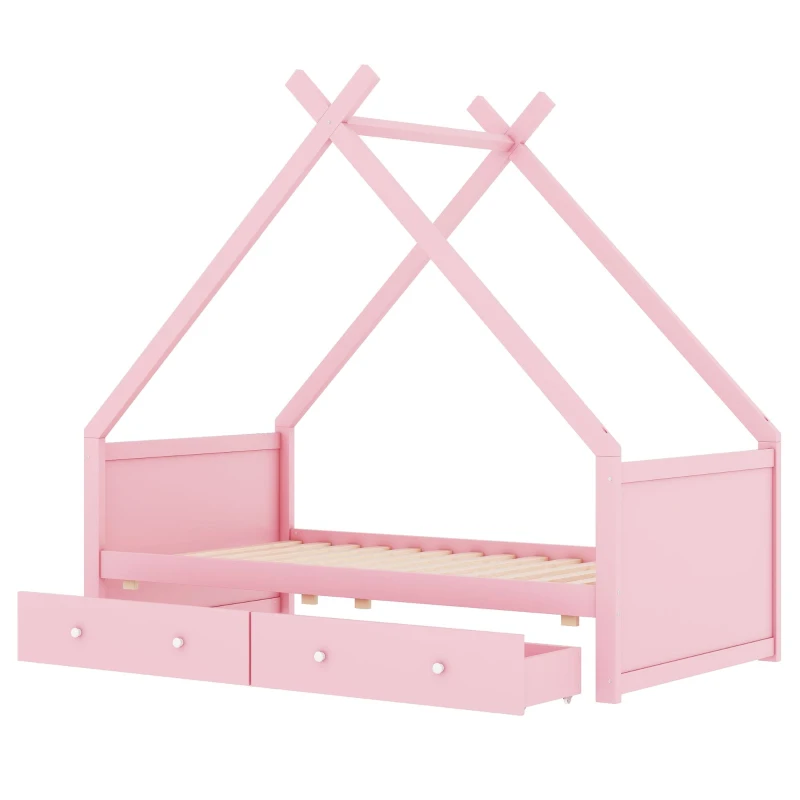 Letto per bambini a forma di casa, due cassetti sotto, senza materasso, 90×200 cm, Rosa