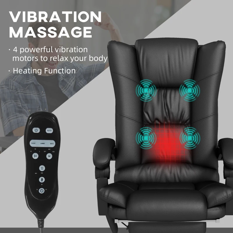 Vinsetto High Back Vibration Massage Office Chair, Heated Reclining PU Leather Computer Chair with 135° Reclining Back and Footrest, Black(m-4)