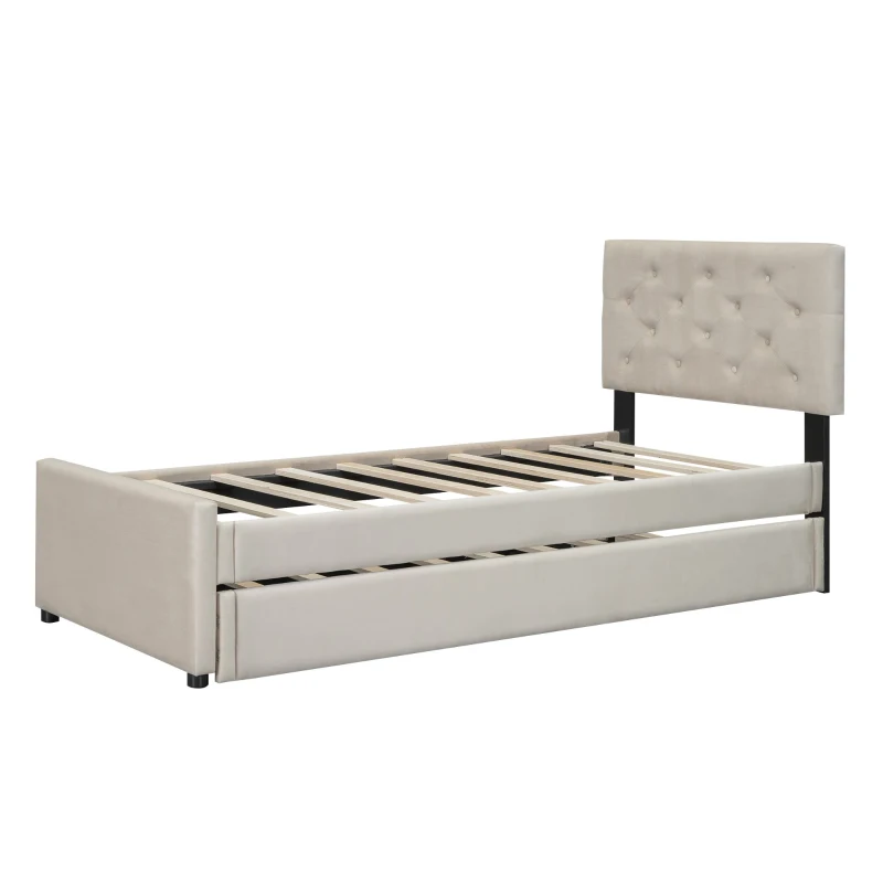 Einzelbett Multifunktionales Rollbett Polsterbett Samtoptik Lattenrost für kleine Räume 90x200cm Beige