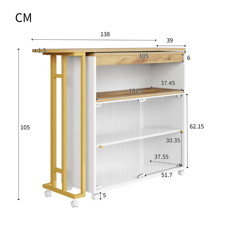 Ausziehbarer Bartisch mit Stauraum, Moderner Bar-Tisch mit LED, Beweglicher Stehtisch mit Schiebetüren, 138-204×39×105cm, Weiß