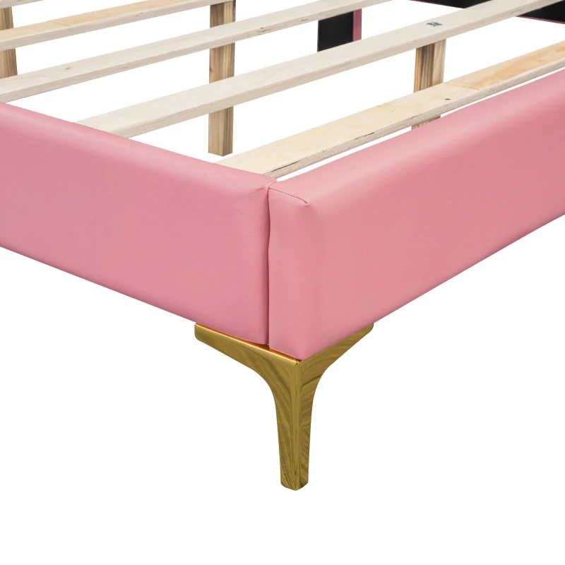 Letto Imbottito con Rete a Doghe, Letto con Testiera Comfort in Pelle PU, Letto per Cameretta per Bambine +6 Anni, Senza Materasso, 140×200 cm, Rosa