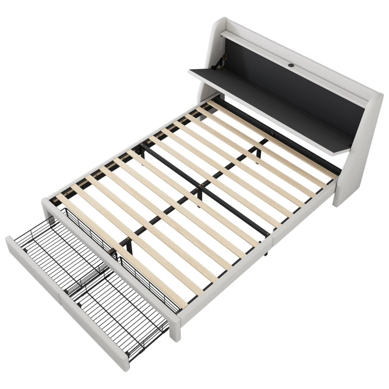 Lit rembourré 140x200 cm, avec rangement intégré dans la tête de lit, prise USB, et tiroirs au pied, sans matelas, Beige