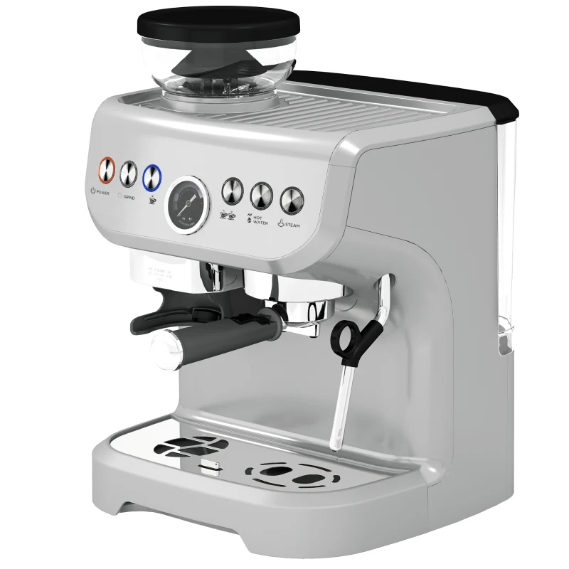 HOMCOM 15 Bar Coffee Machine, with Adjustable Grind, Steamer and Accessories - Silver Colour