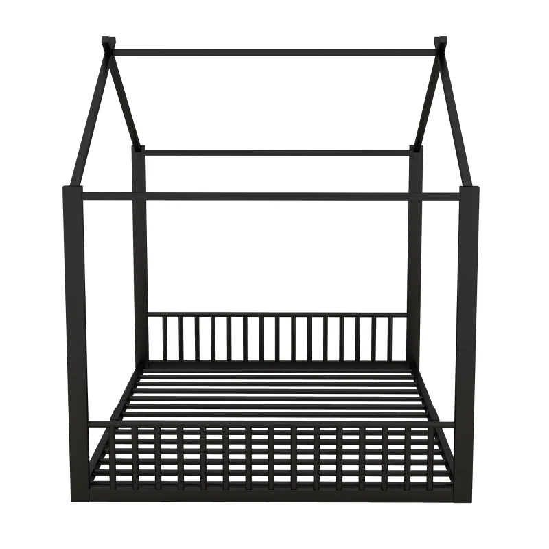 Cama para niño 140×200 cm, cama de hierro en forma de casa, sin colchón, Negro