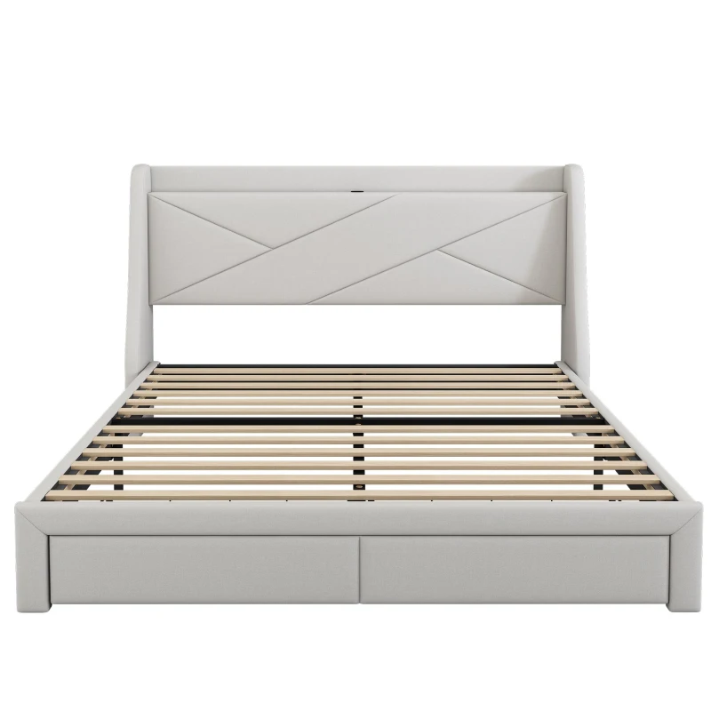Lit rembourré 140x200 cm, avec rangement intégré dans la tête de lit, prise USB, et tiroirs au pied, sans matelas, Beige