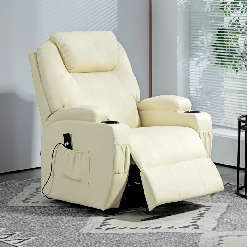 HOMCOM Elektryczny Fotel Relaksacyjny z Pomocą przy Wstawaniu, Leżanka, Uchwyt na Kubek, Skóra Ekologiczna, Kremowy