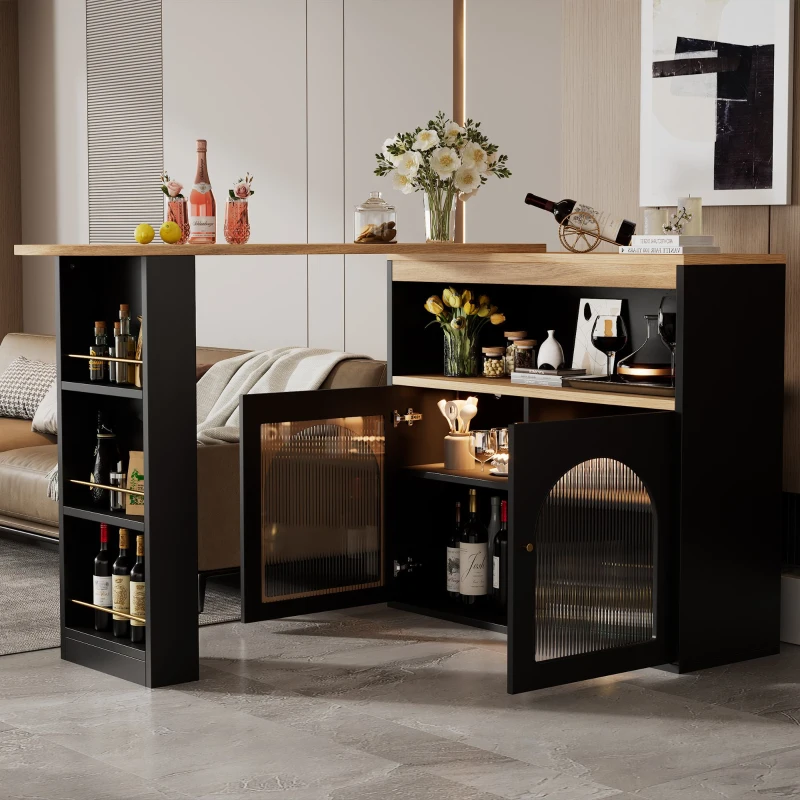 Table de bar extensible moderne, table à manger avec rangement, rotatif, avec bande lumineuse LED, 138-193×39×105 cm, Noir