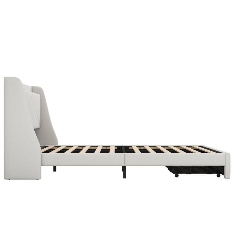 Lit rembourré 140x200 cm, avec rangement intégré dans la tête de lit, prise USB, et tiroirs au pied, sans matelas, Beige