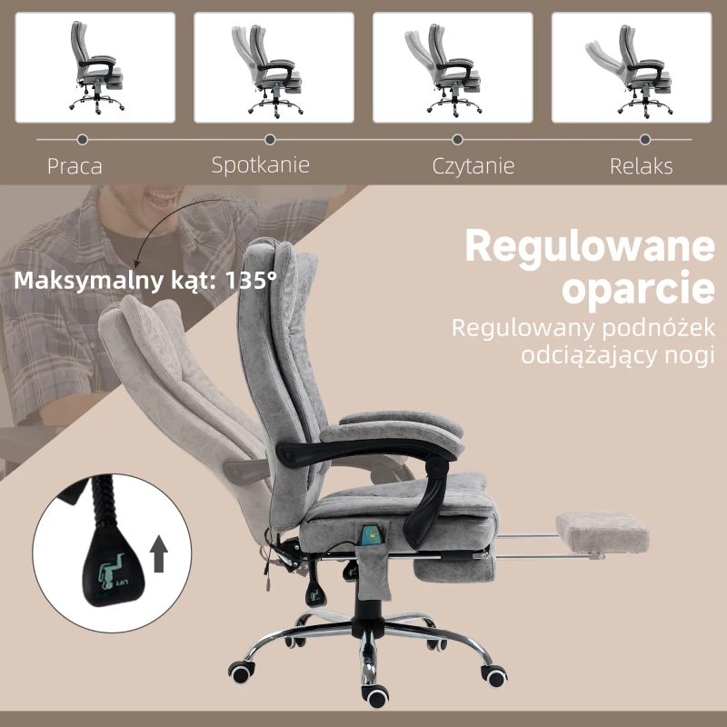 HOMCOM krzesło biurowe fotel do masażu funkcja grzania funkcja leżanki podnóżek szary