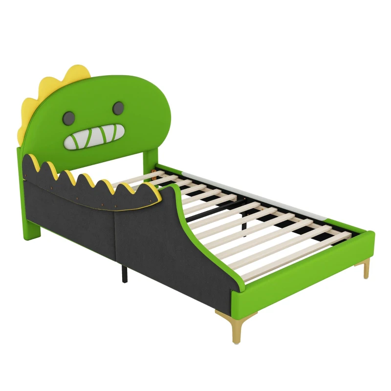 Letto Imbottito per Bambini 4+ Anni a Forma di Dinosauro con Doghe in Legno, Rivestimento in Pelle PU, Senza Materasso, 90×200 cm, Verde
