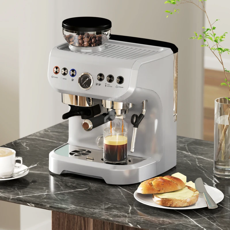HOMCOM 15 Bar Coffee Machine, with Adjustable Grind, Steamer and Accessories - Silver Colour