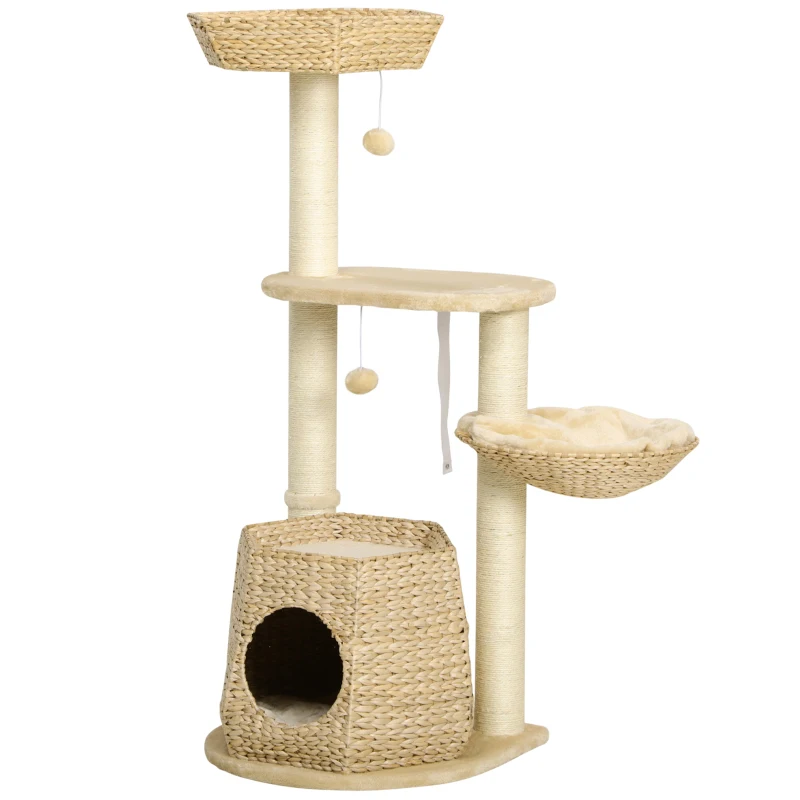 PawHut Cat Tree Activity Centre, with Cattail, Bed, Cat House, Sisal Post, Ball - Natural Tone