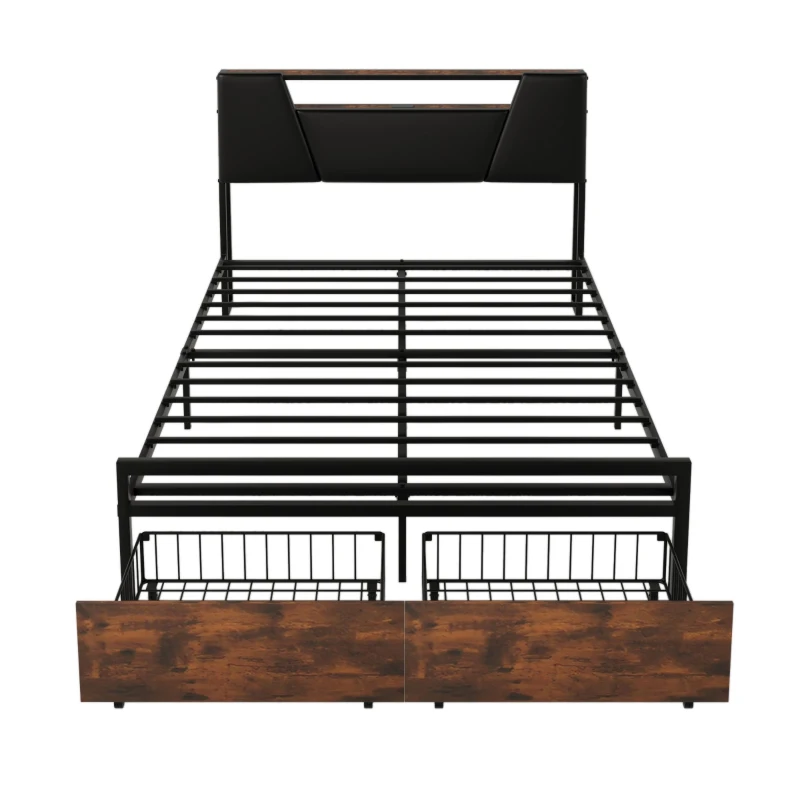 Lit multifonction 140×200 cm, avec éclairage d'ambiance changeant de couleur, prise USB et tiroirs de rangement, sans matelas, Brun