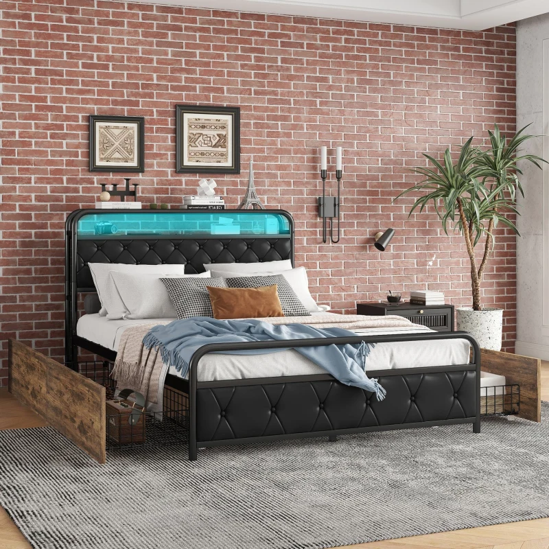 Lit multifonction 140×200 cm, avec éclairage d'ambiance, prises USB et 4 tiroirs,sans matelas, Noir