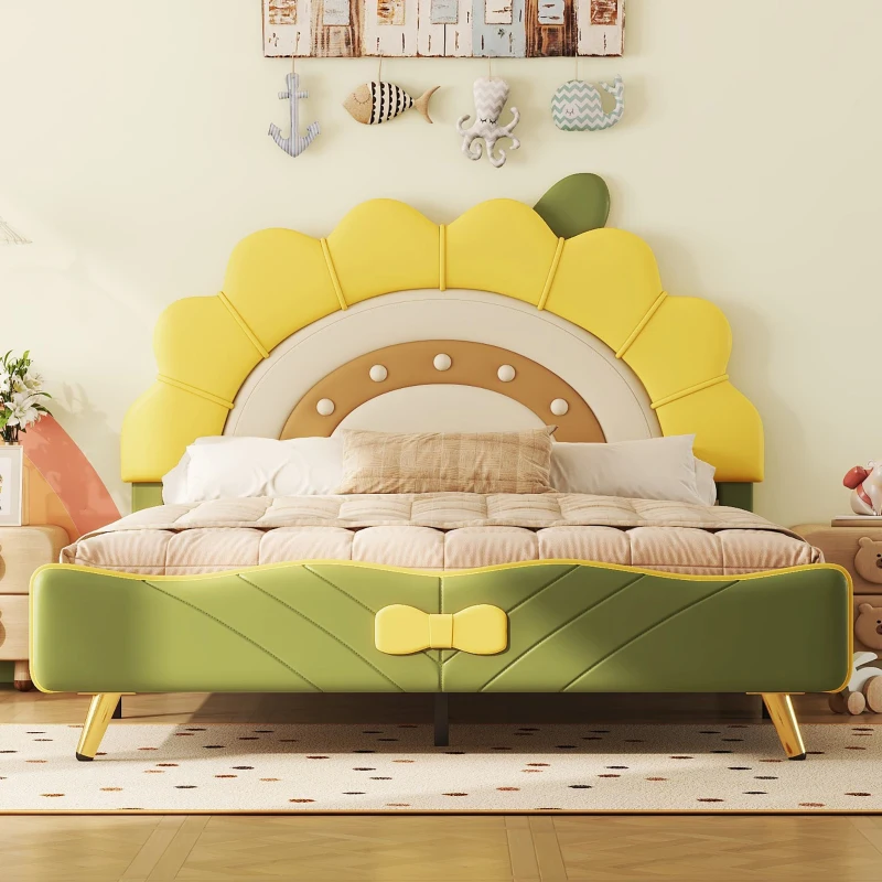 Lit pour enfant 140×200 cm, forme de tournesol, décoration avec nœuds,sans matelas, Jaune