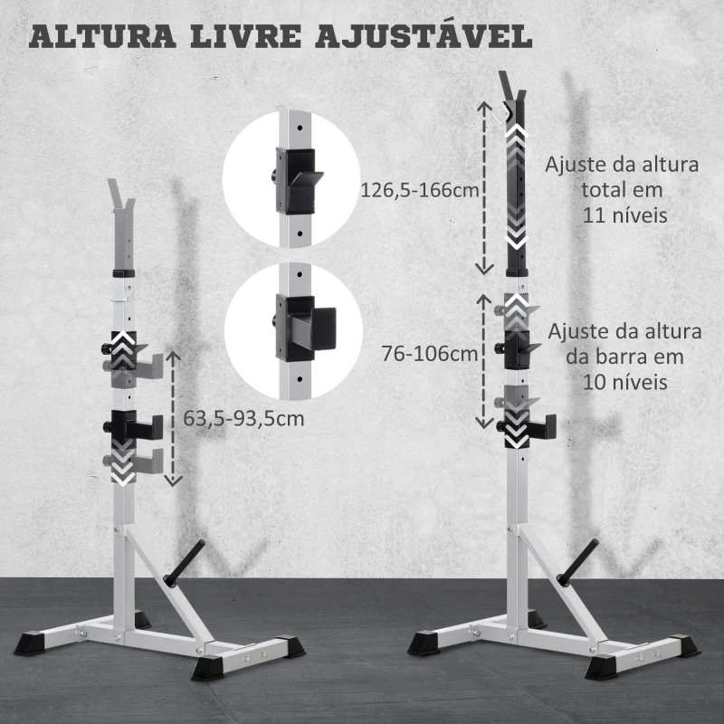 HOMCOM Suporte para Barras de Pesos Ajustável 2 Peças de Aço Treinamento em Casa Peso 200 kg 58,5x75,5x136-176 cm  Prata e Preto