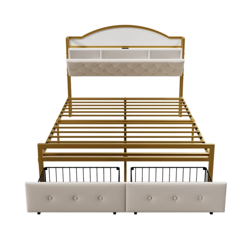 Lit multifonction 140×200 cm, compartiment de rangement intégré dans la tête de lit, prise USB et double tiroirs au pied du lit, sans matelas, Or+Blanc