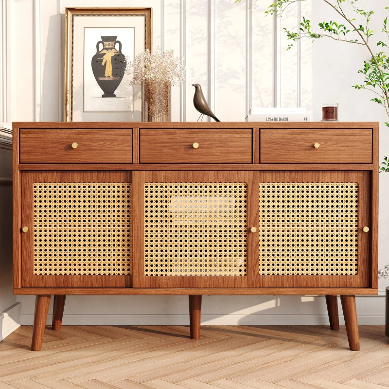 Sideboard 120 cm breit, Rattan Design mit verstellbaren Ablagen, massives Holzbein, für Wohnzimmer, Walnuss