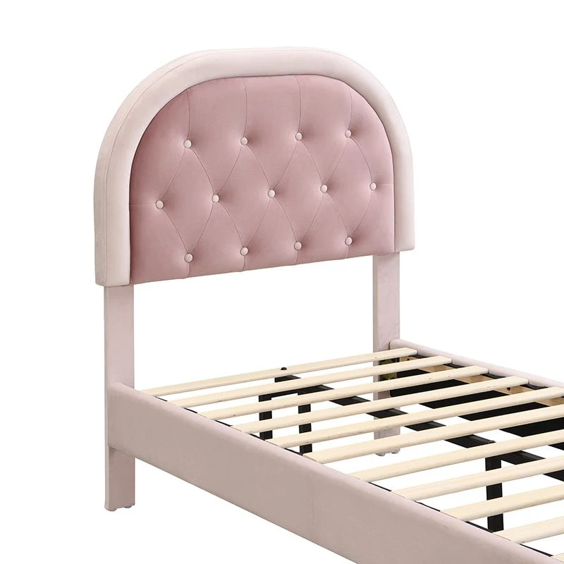 Letto imbottito con testiera curva in velluto,90×200 cm, senza materasso, Rosa