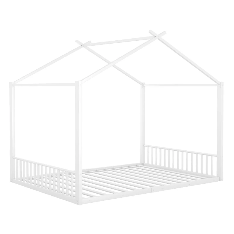 Lit rembourré 140×200 cm, lit en fer en forme de maison,sans matelas, Blanc