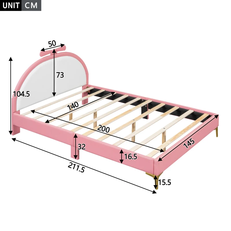 Letto Imbottito con Rete a Doghe, Letto con Testiera Comfort in Pelle PU, Letto per Cameretta per Bambine +6 Anni, Senza Materasso, 140×200 cm, Rosa