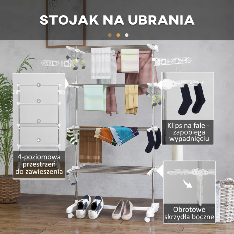 HOMCOM Mobilna suszarka na pranie suszarka pionowa wieżowa skrzydła boczne składane na 4 poziomach