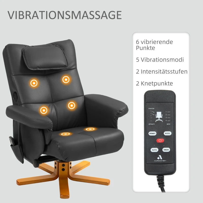 HOMCOM Massagestoel met Kruk, Verstelbare Rugleuning, USB-laadpoort, Lederlook, tot 150 kg, Zwart