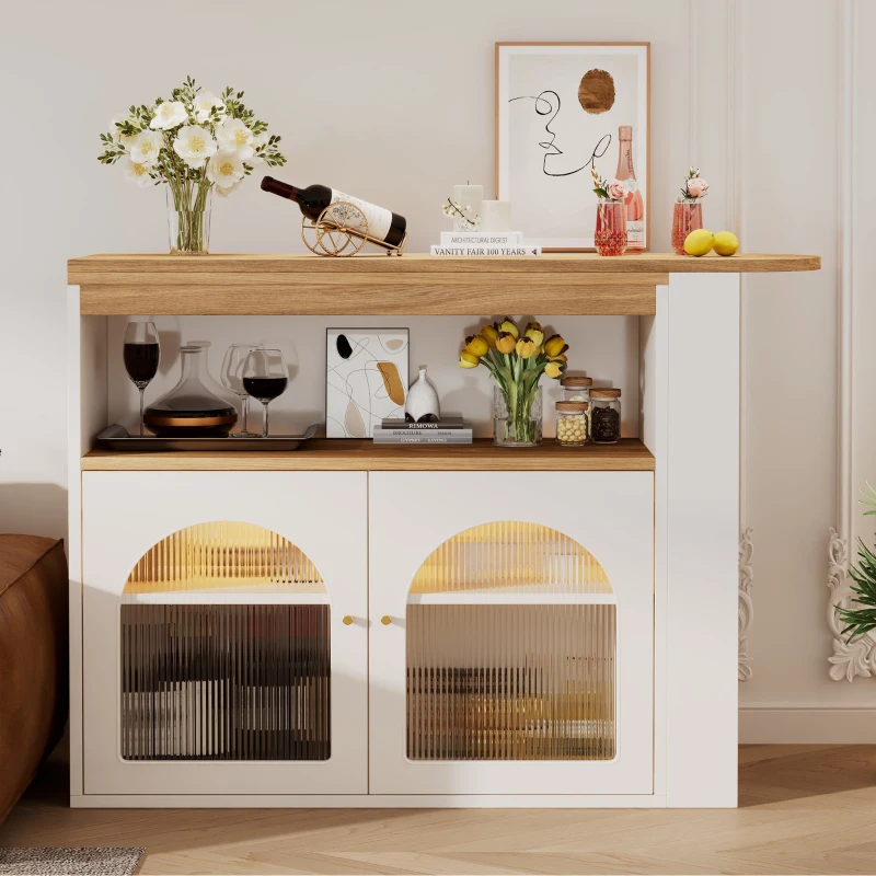 Table de bar moderne extensible avec rangement, pivotant, incl bande LED, 138-193×39×105 cm, Blanc