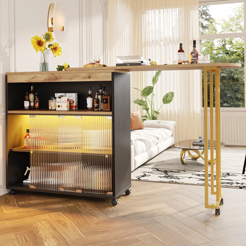 Table de bar extensible avec rangement, avec LED, mobile, Table haute bistrot îlot de cuisine, 138-204×39×105 cm, Noir