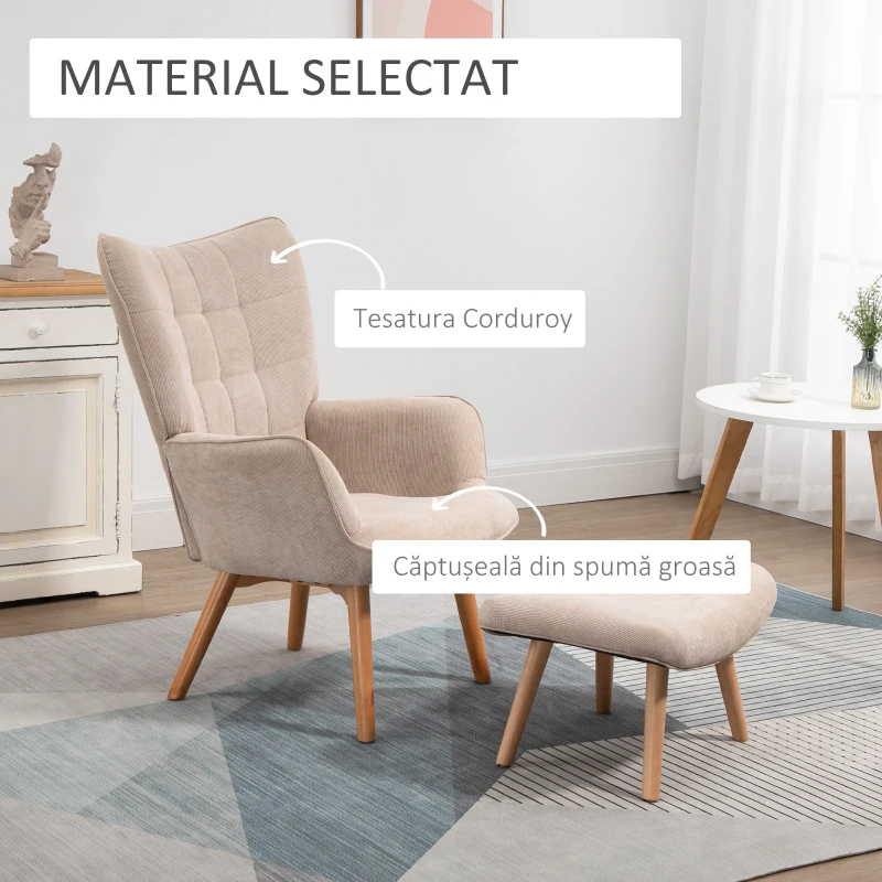 HOMCOM Fotoliu cu Taburet pentru Cameră sau Living din Catifea cu Model Crestat , Spătar Înalt și Brațe, 72x80x101 cm, Bej