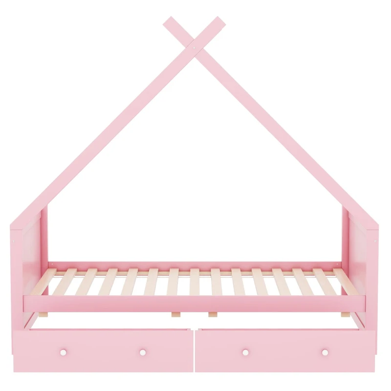Letto per bambini a forma di casa, due cassetti sotto, senza materasso, 90×200 cm, Rosa