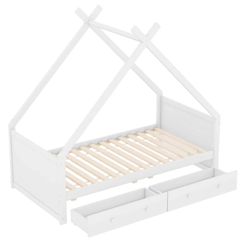 Letto a Casetta per Bambini con 2 Cassetti Estraibili, Letto per Cameretta in Legno e MDF, Senza Materasso, 90×200 cm, Bianco