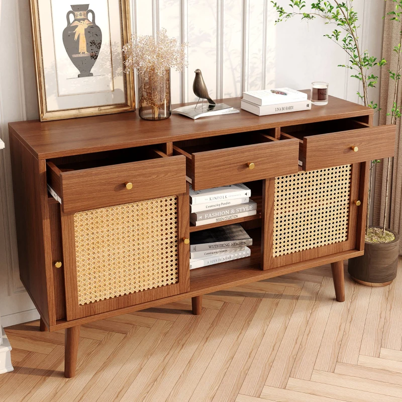 Sideboard 120 cm breit, Rattan Design mit verstellbaren Ablagen, massives Holzbein, für Wohnzimmer, Walnuss