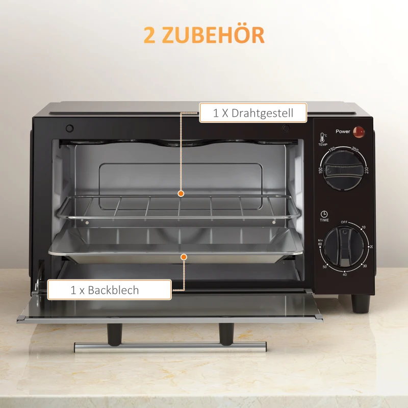 HOMCOM Mini-Oven, 9 Liter Inhoud, Temperatuur en Kooktijd Instelbaar, met Grillrek en Bakplaat, Zwart(m-6)