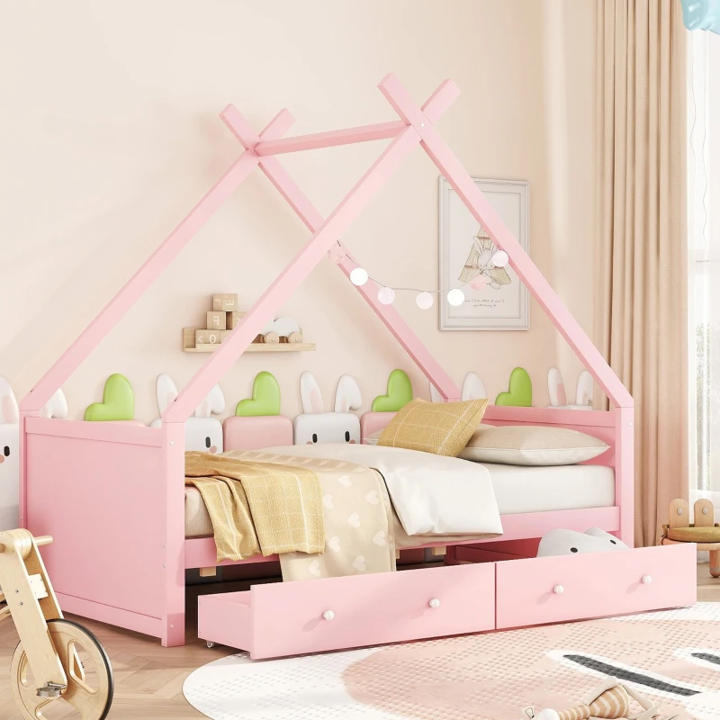 Letto per bambini a forma di casa, due cassetti sotto, senza materasso, 90×200 cm, Rosa