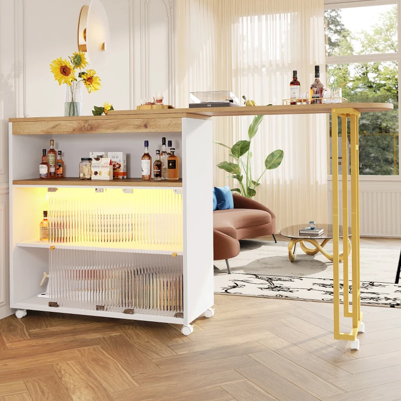 Ausziehbarer Bartisch mit Stauraum, Moderner Bar-Tisch mit LED, Beweglicher Stehtisch mit Schiebetüren, 138-204×39×105cm, Weiß