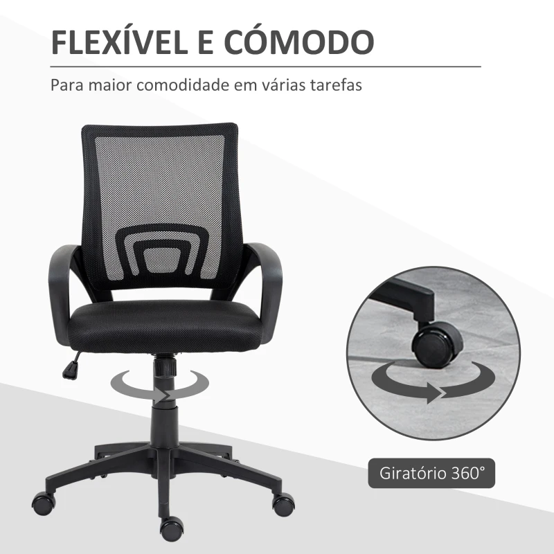 HOMCOM Cadeira de Escritório de Malha Giratória com Altura Ajustável Função Basculante e Apoio para os Braços 57x55x89-109 cm Preto