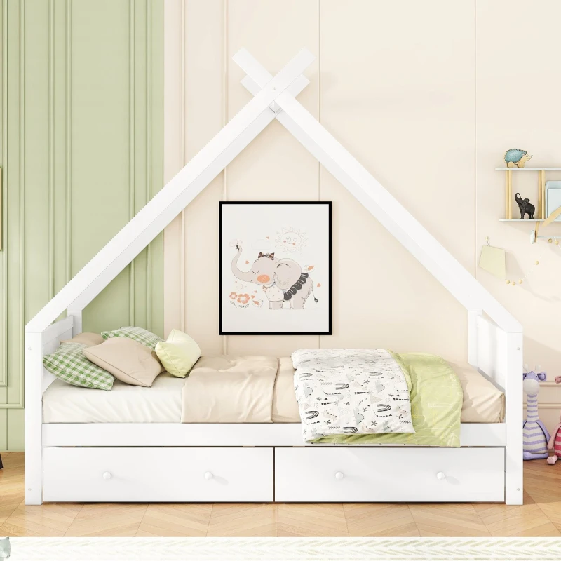 Letto a Casetta per Bambini con 2 Cassetti Estraibili, Letto per Cameretta in Legno e MDF, Senza Materasso, 90×200 cm, Bianco