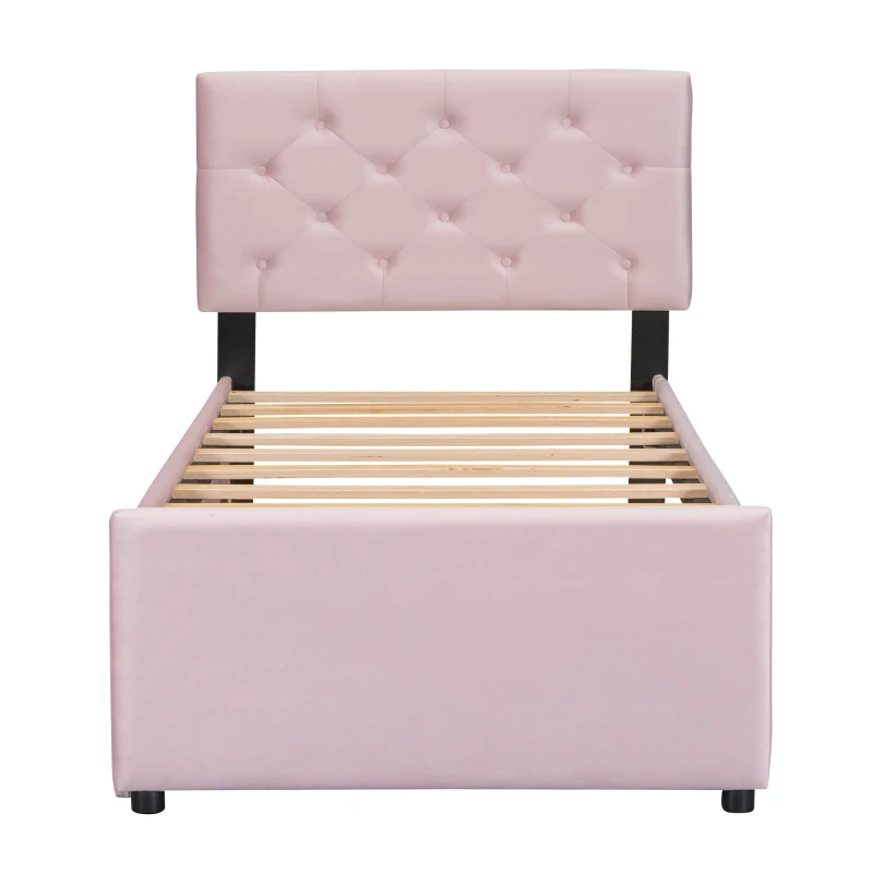 Lit gigogne 90x200 cm, avec sommier à lattes et tiroir roulant,sans matelas, Rose