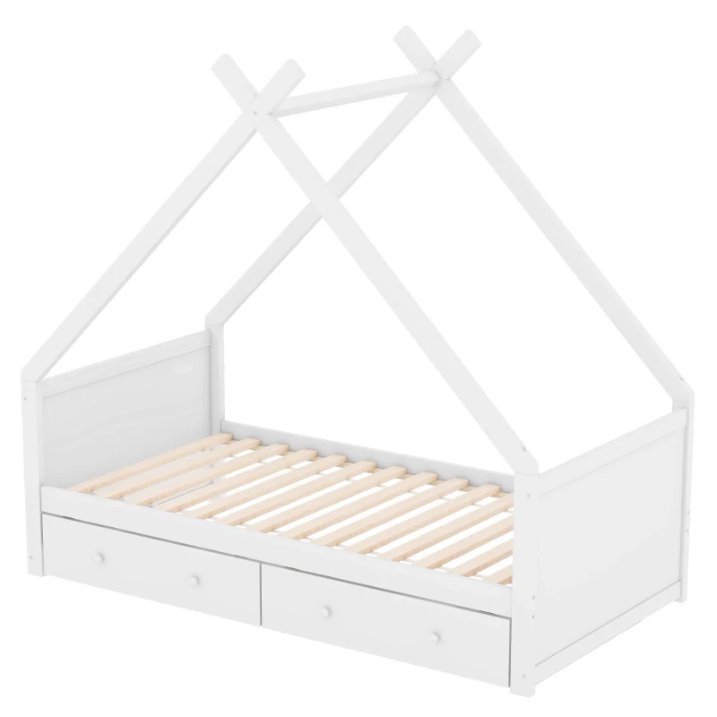 Letto a Casetta per Bambini con 2 Cassetti Estraibili, Letto per Cameretta in Legno e MDF, Senza Materasso, 90×200 cm, Bianco