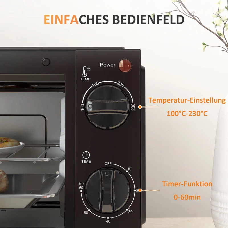 HOMCOM Mini-Oven, 9 Liter Inhoud, Temperatuur en Kooktijd Instelbaar, met Grillrek en Bakplaat, Zwart(m-7)
