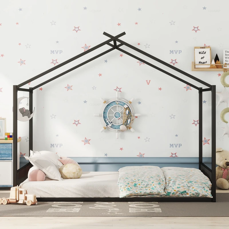 Lit pour enfant 140×200 cm, lit en fer en forme de maison,sans matelas, Noir
