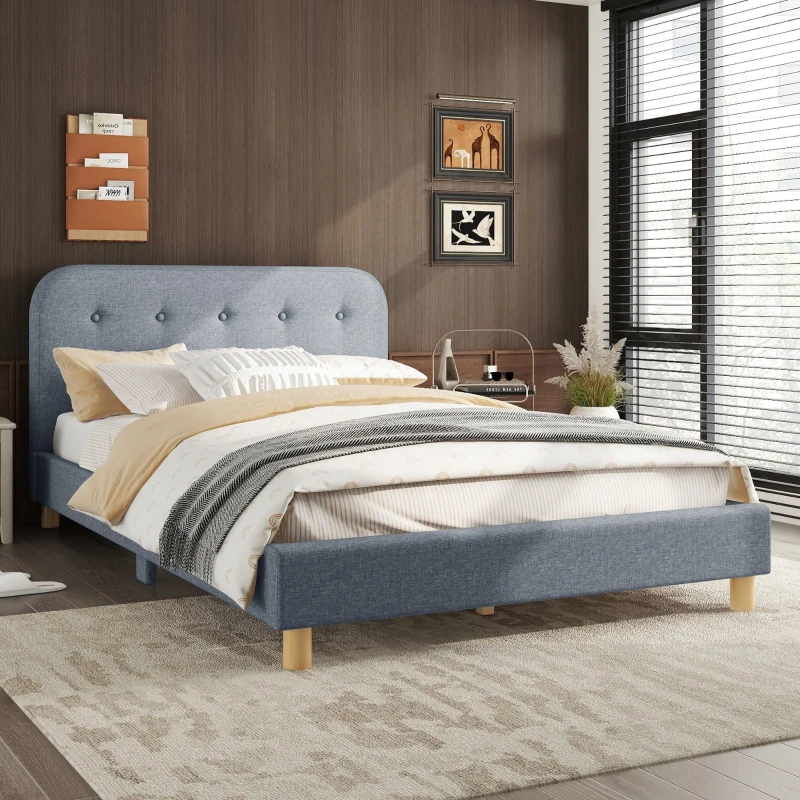 Letto matrimoniale imbottito, tessuto di lino, senza materasso,140×200 cm, Grigio