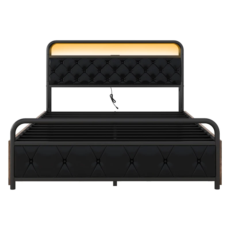 Lit multifonction 140×200 cm, avec éclairage d'ambiance, prises USB et 4 tiroirs,sans matelas, Noir