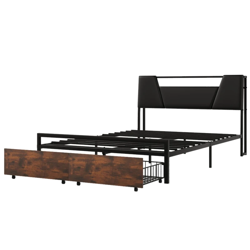 Lit multifonction 140×200 cm, avec éclairage d'ambiance changeant de couleur, prise USB et tiroirs de rangement, sans matelas, Brun