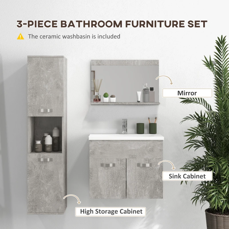 Kleankin Set Mobilier Baie – 3 Piese: Oglinda, Chiuveta, Dulap Depozitare