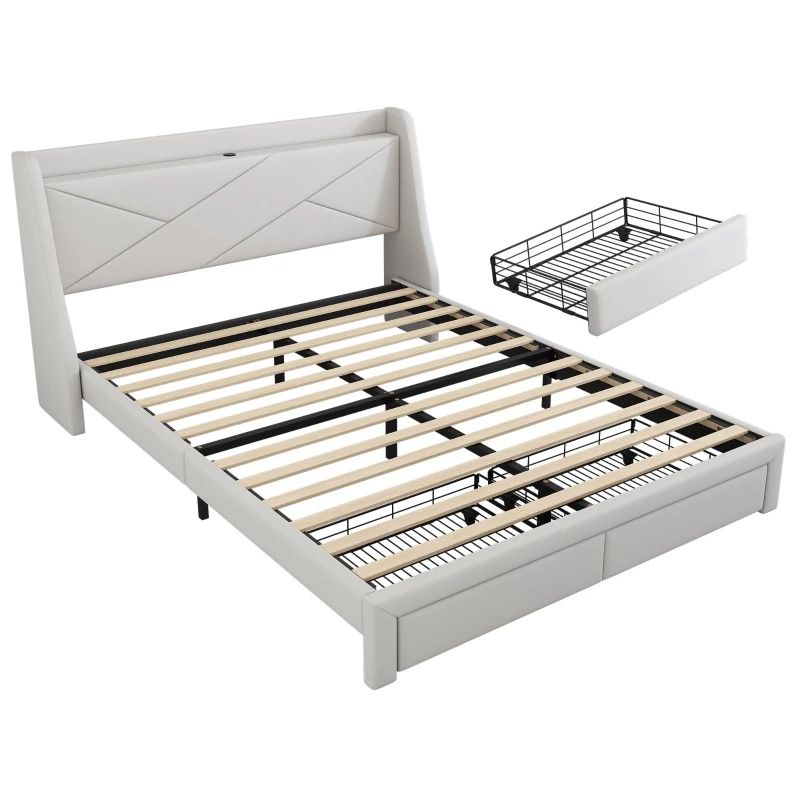 Lit rembourré 140x200 cm, avec rangement intégré dans la tête de lit, prise USB, et tiroirs au pied, sans matelas, Beige