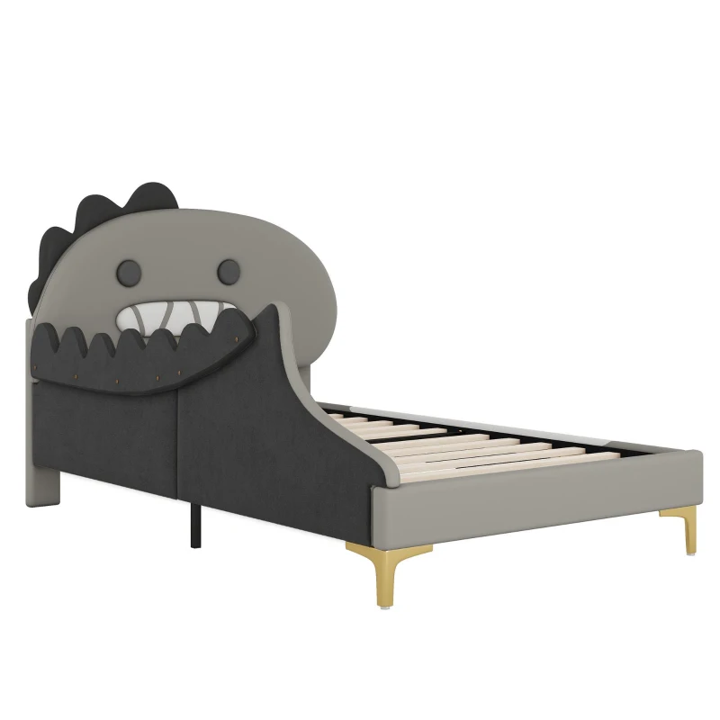 Letto Imbottito per Bambini 4+ Anni a Forma di Dinosauro con Doghe in Legno, Rivestimento in Pelle PU, Senza Materasso, 90×200 cm, Grigio