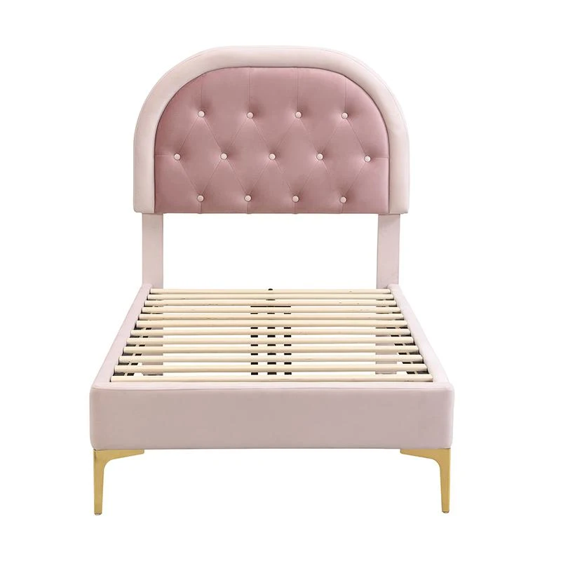 Letto imbottito con testiera curva in velluto,90×200 cm, senza materasso, Rosa